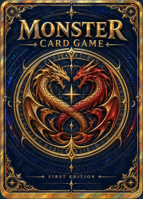 Retro della carta con stemma di drago dorato e scritta Monster Card Game